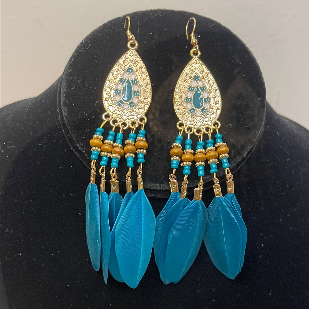 Gold and Teal Feather Dangle Earrings - Women Jewelry NWT